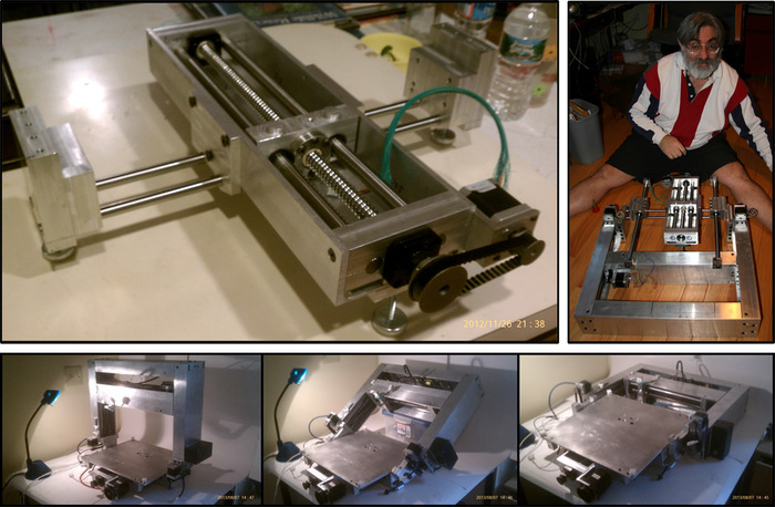 Top Left: Original tilt design.  Too many guiderails for easy folding.  Top Right: Ben testing original folding mechanism. Bottom: Fewer guiderails.  A few other touches, and we have easy folding, unfolding, and taking apart and putting back together.