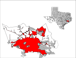 Location of Houston city limits in and around Harris County