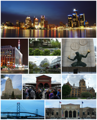 From top to bottom, left to right: Downtown Detroit skyline, Fox Theatre, Dorothy H. Turkel House in Palmer Woods, Belle Isle Conservatory, The Spirit of Detroit, Fisher Building, Eastern Market, Old Main at Wayne State University, Ambassador Bridge, and the Detroit Institute of Arts