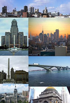 Clockwise: Buffalo skyline from I-190 North entering downtown, Buffalo skyline at dusk, Peace Bridge, Buffalo Savings Bank, Erie County hall, Niagara Square, and the Art Deco Buffalo City Hall