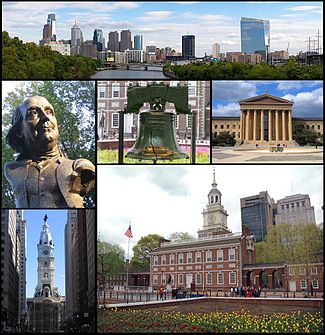 From top left, the Philadelphia skyline, a statue of Benjamin Franklin, the Liberty Bell, the Philadelphia Museum of Art, Philadelphia City Hall, and Independence Hall