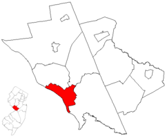 Location of Trenton inside of Mercer County. Inset: Location of Mercer County highlighted in the State of New Jersey.