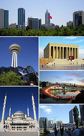 Clockwise, from top: Söğütözü business district, Anıtkabir, Gençlik Park, Kızılay Square, Kocatepe Mosque, Atakule Tower