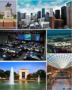 Clockwise from top: Sam Houston monument, Downtown Houston, Houston Ship Channel, The Galleria, University of Houston, and the Christopher C. Kraft Jr. Mission Control Center.