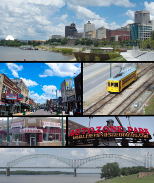 From top to bottom and left to right: Downtown Memphis skyline, Beale Street, Memphis trolley car, Arcade Restaurant, AutoZone Park, and the Hernando de Soto Bridge