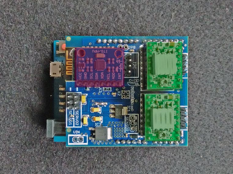 TOP VIEW of the Brain SHIELD with the MOTOR DRIVERS and WIFI MODULES on it