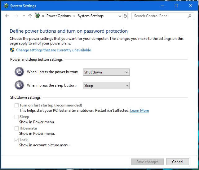 Power options - Fast Boot