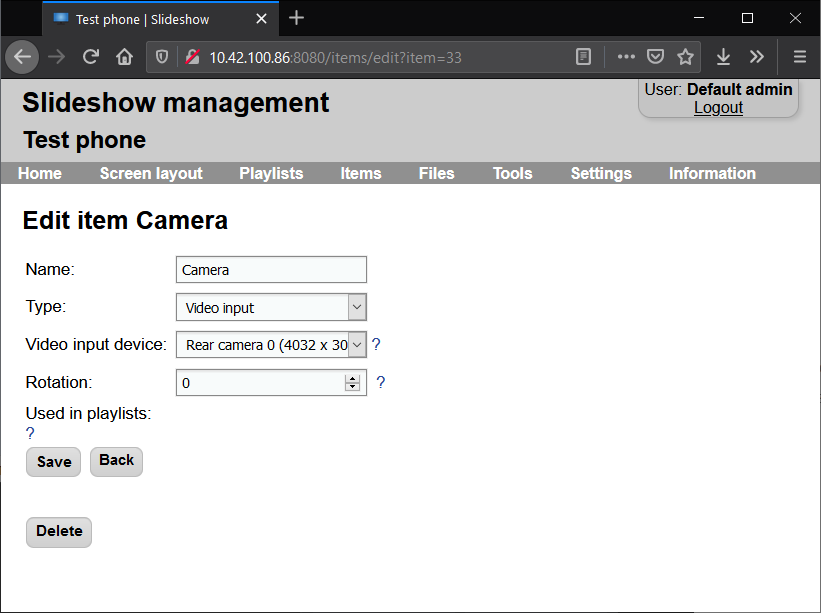 Web interface for editing item with type Video input